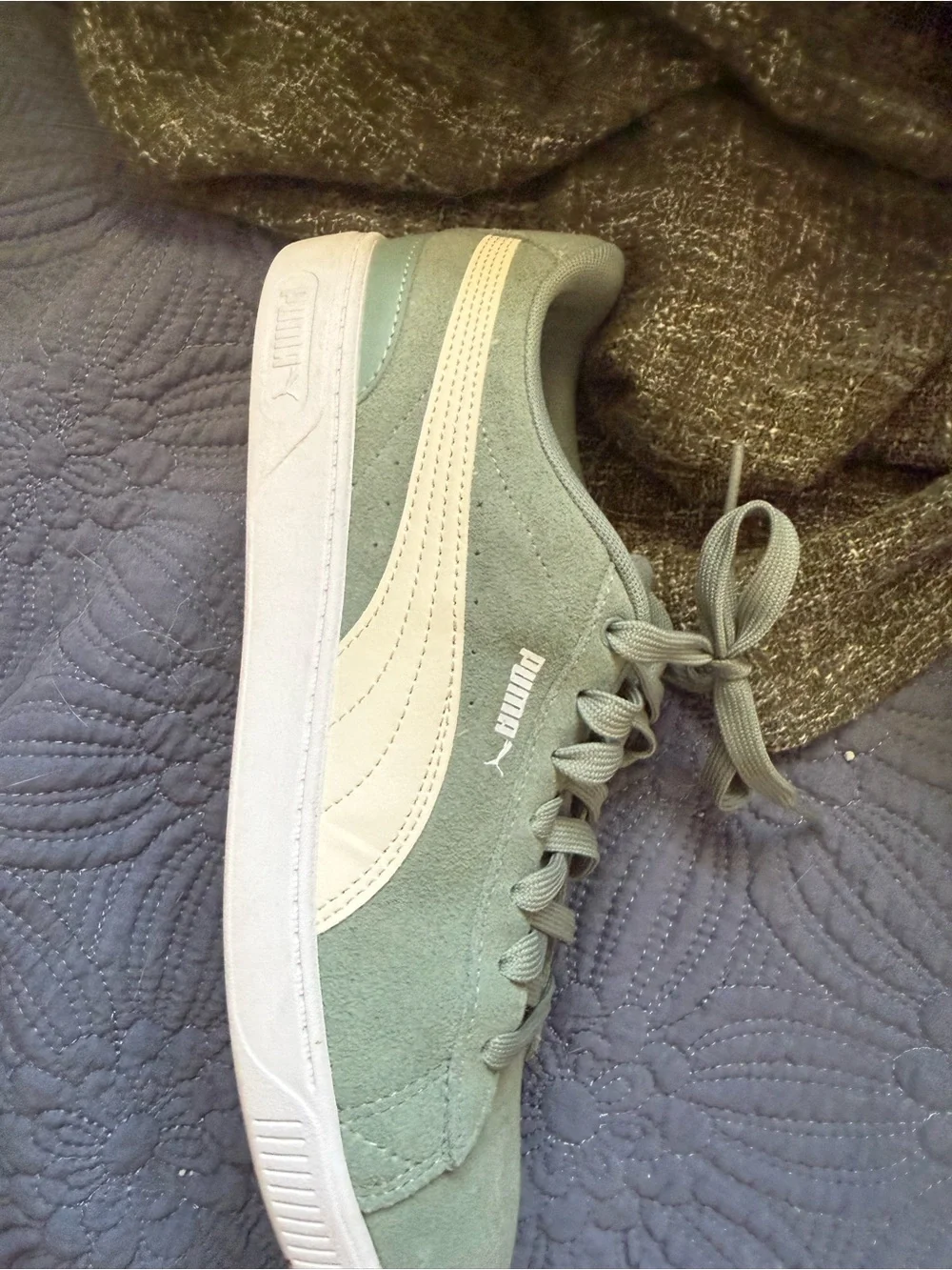 Puma Women's Suede Sneaker in Sage Green with White Stripe